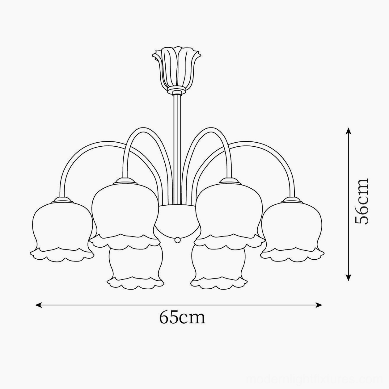 Vintage Mia 6-head bell orchid chandelier technical line drawing size specifications