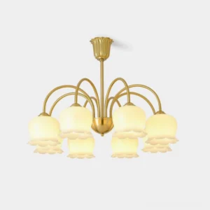 Vintage Mia bell orchid chandelier 8-head gold brass front view product showcase