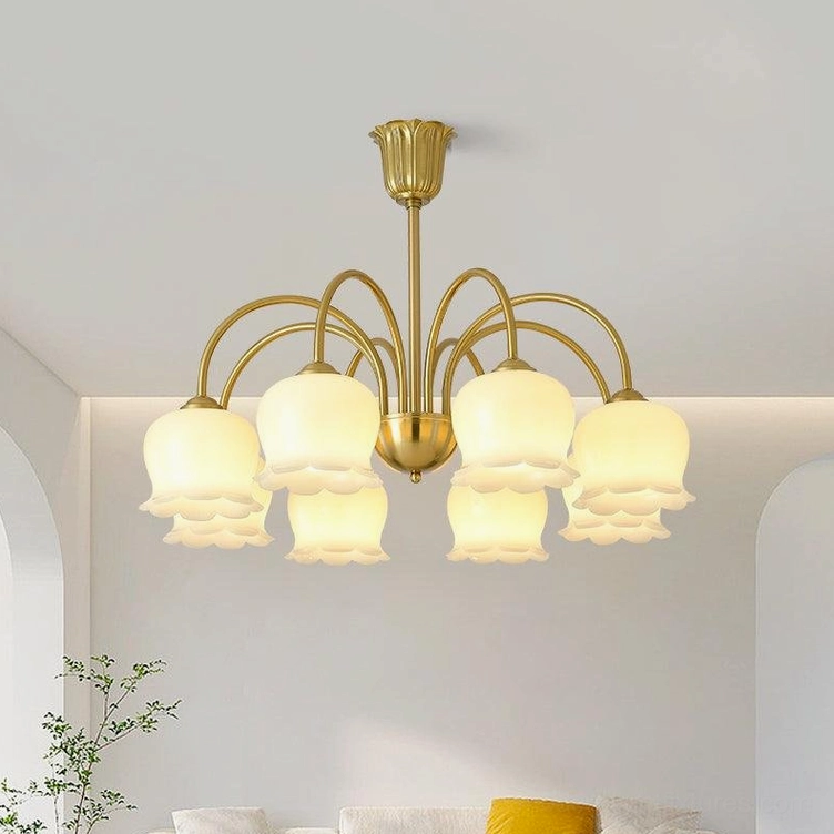 Vintage Mia 8-head bell orchid chandelier gold brass grand foyer statement fixture