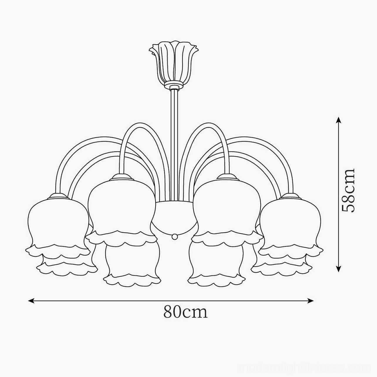 Vintage Mia 8-head bell orchid chandelier technical drawing detailed specifications