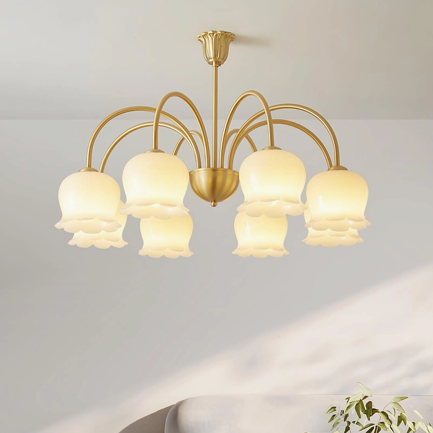 Vintage Mia 8-head bell orchid chandelier overhead view minimalist living room ceiling light