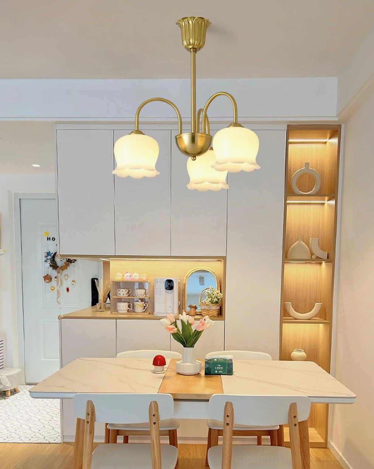 Vintage Mia bell orchid multi-head chandelier brass frame beige glass shades