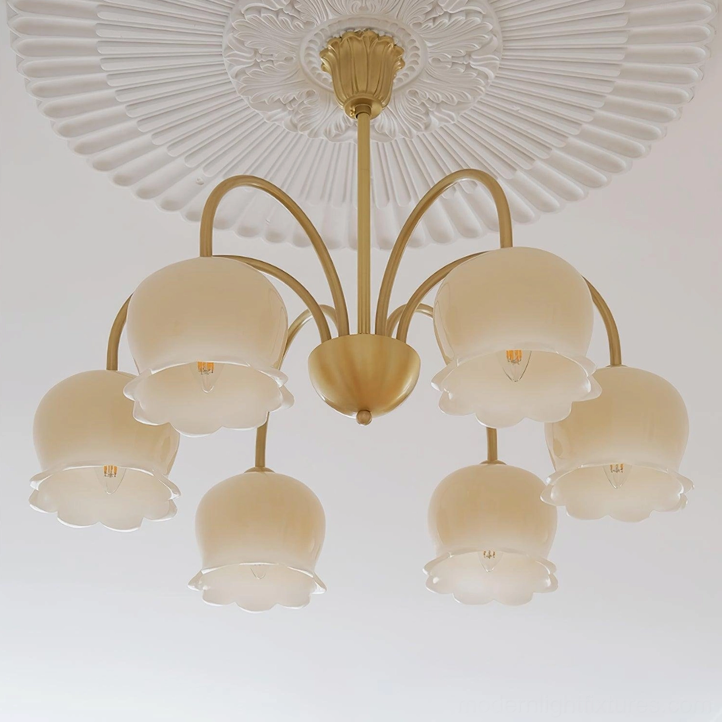 Vintage Mia multi-head bell orchid chandelier ceiling medallion living room installation
