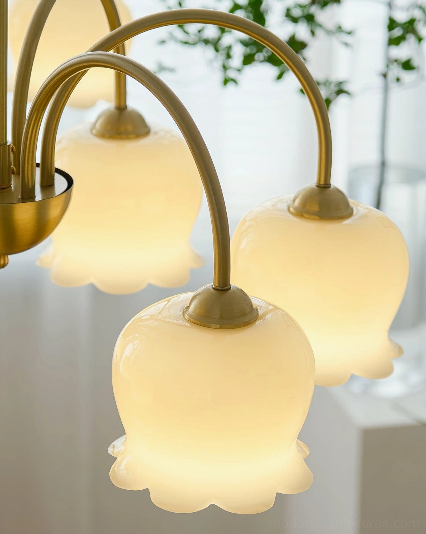 Vintage Mia bell orchid chandelier double-layer glass shades brass finish detail