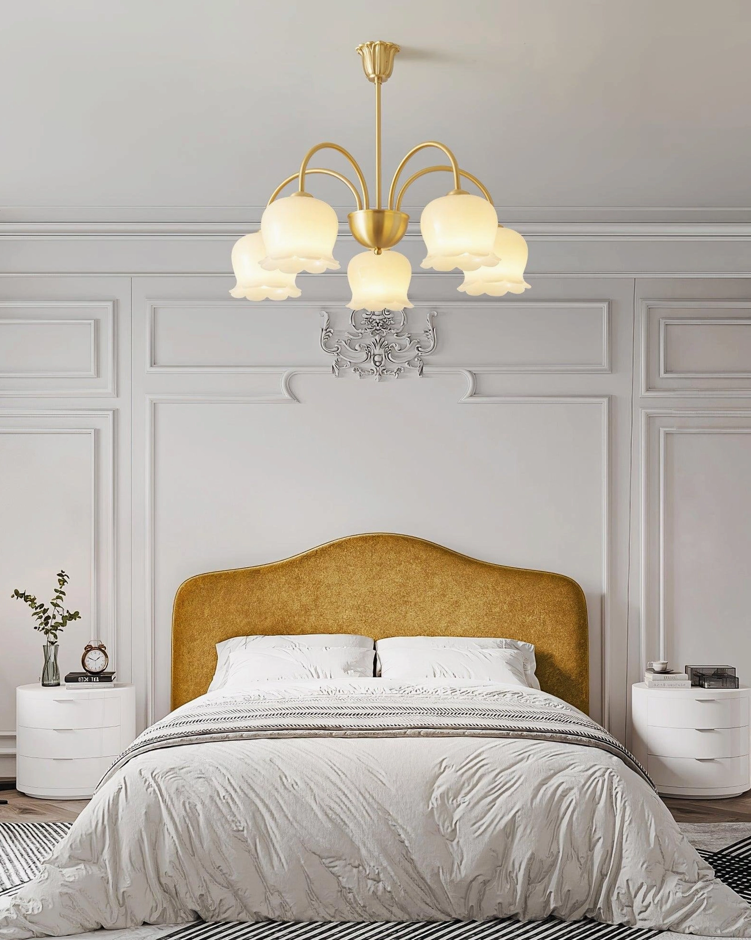 Vintage Mia bell orchid chandelier soft glass shades warm light diffusion
