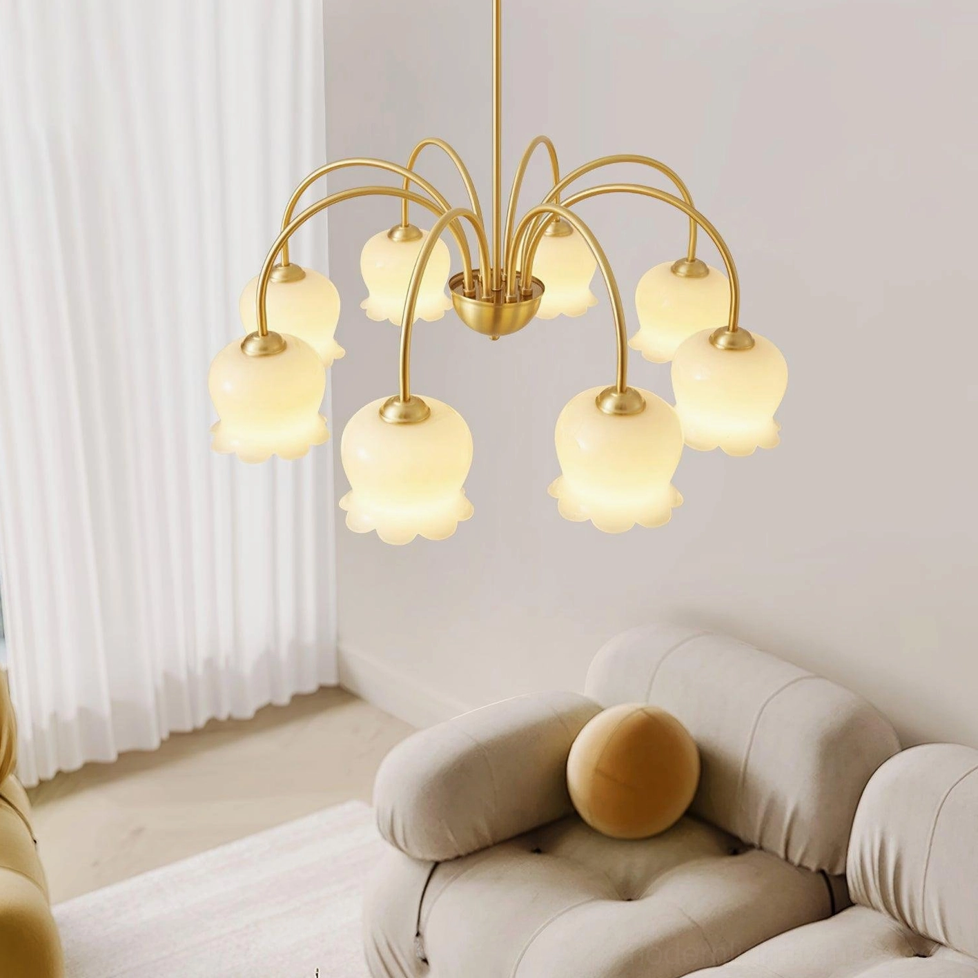 Vintage Mia bell orchid multi-head chandelier warm brass indoor eye-level view cream living room