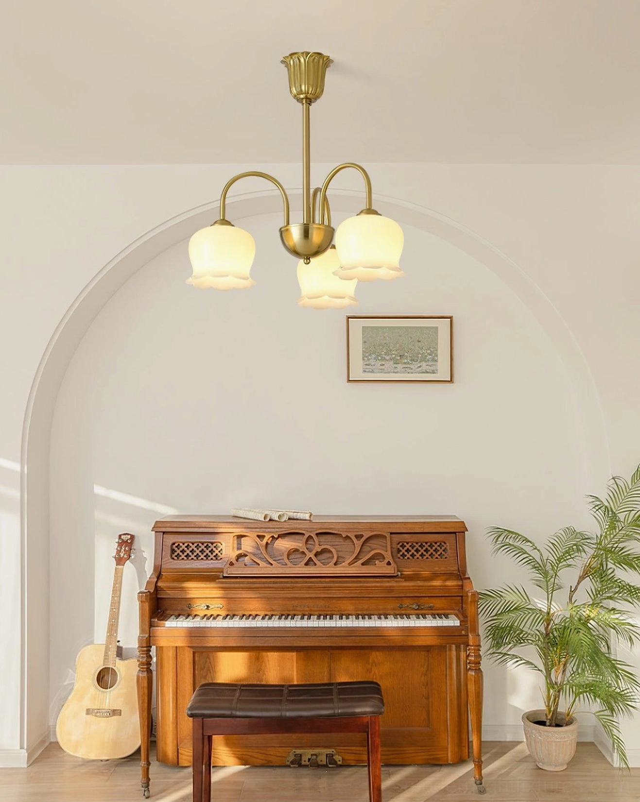 Vintage Mia bell orchid gold brass chandelier warm diffused lighting detail view