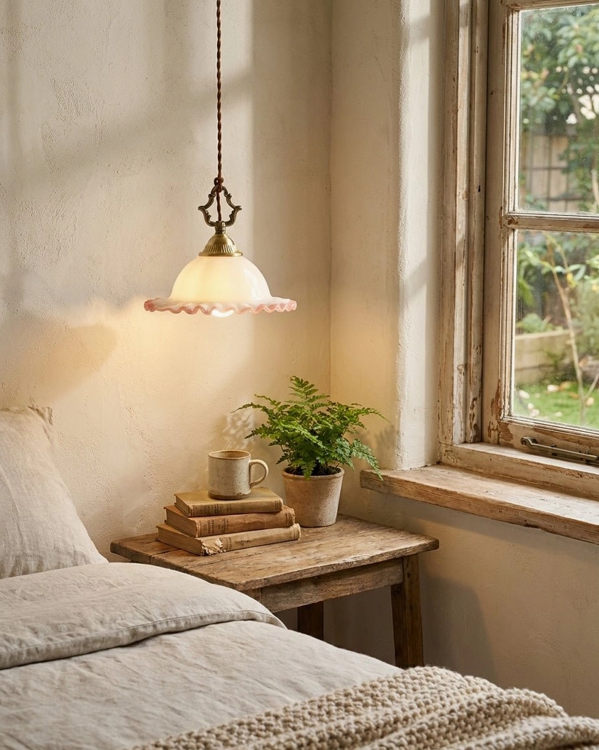 Vintage milk glass pendant light in rustic bedroom - soft warm glow above wooden side table nightstand