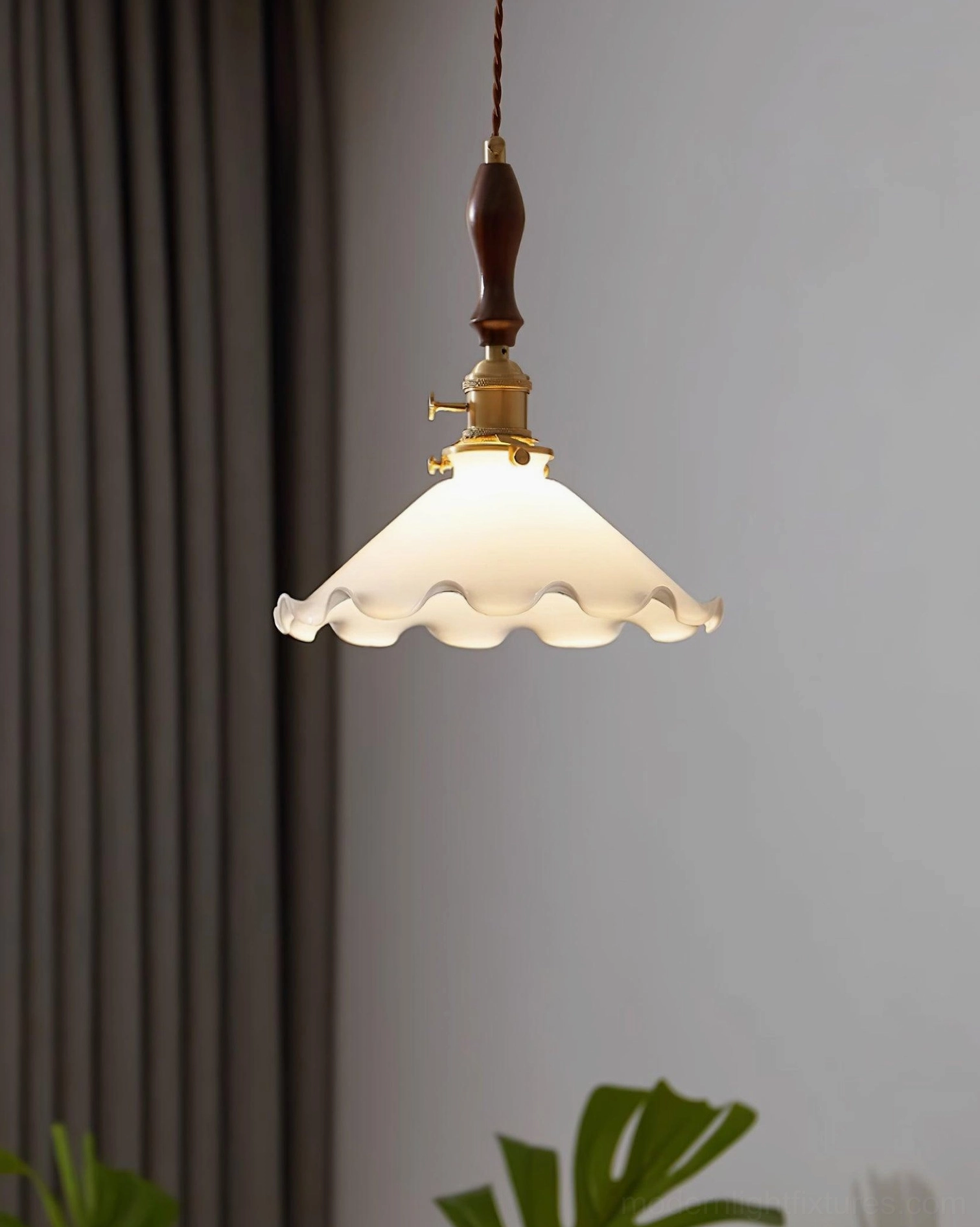 Vintage milky flower pendant light hanging installation, full fixture view