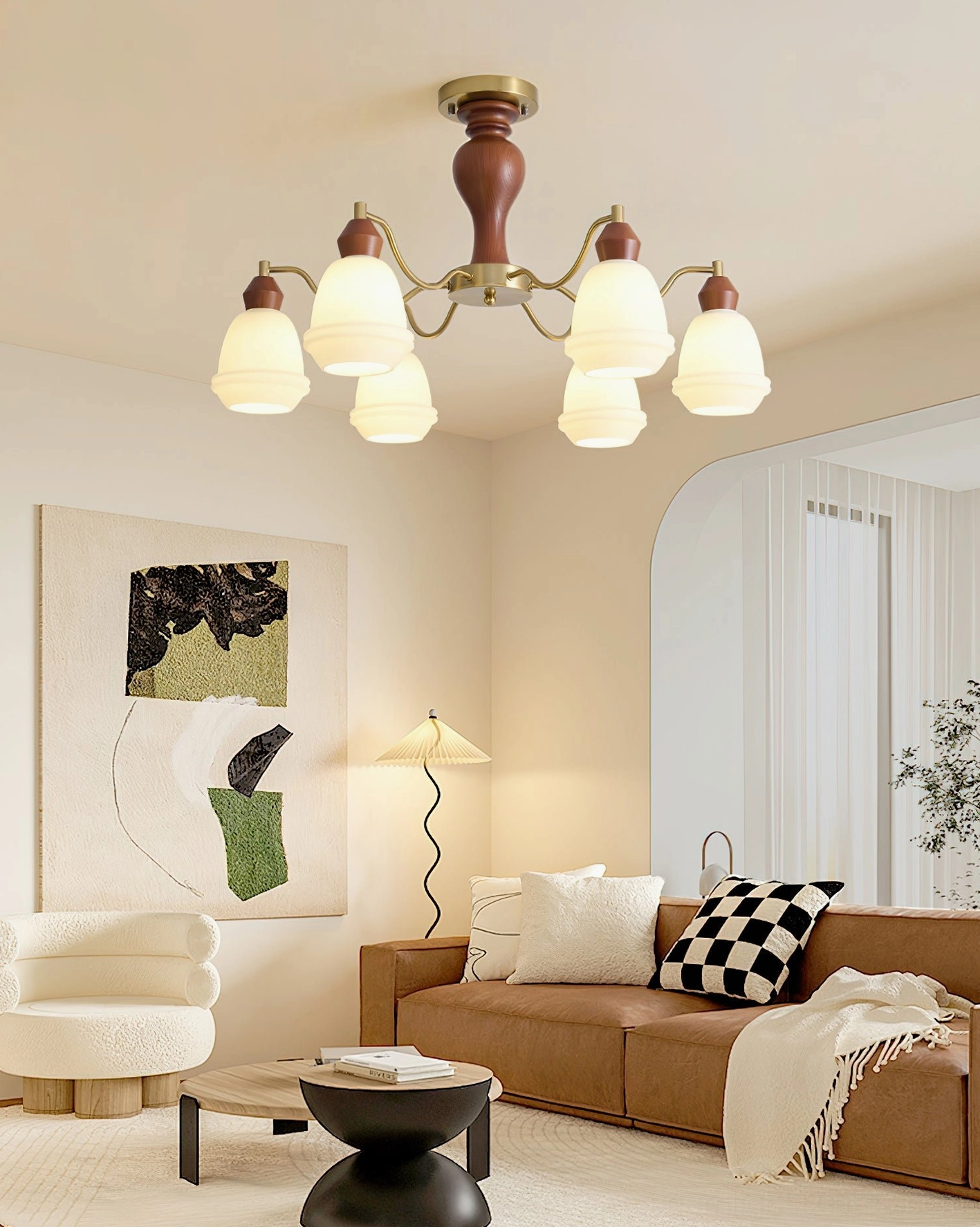 8-light vintage-inspired modern wood and brass chandelier in boho living room