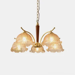 5-head vintage Murano glass chandelier with brass frame and cognac amber textured glass shades, front studio view
