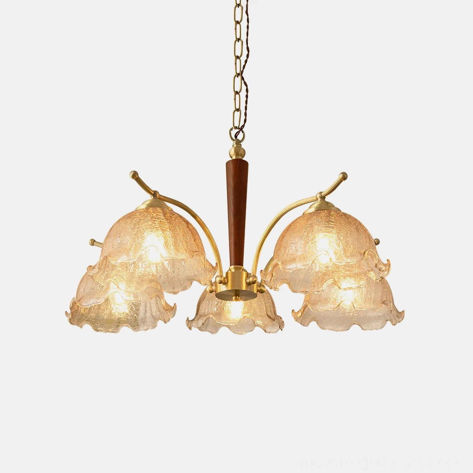 5-head vintage Murano glass chandelier with brass frame and cognac amber textured glass shades, front studio view