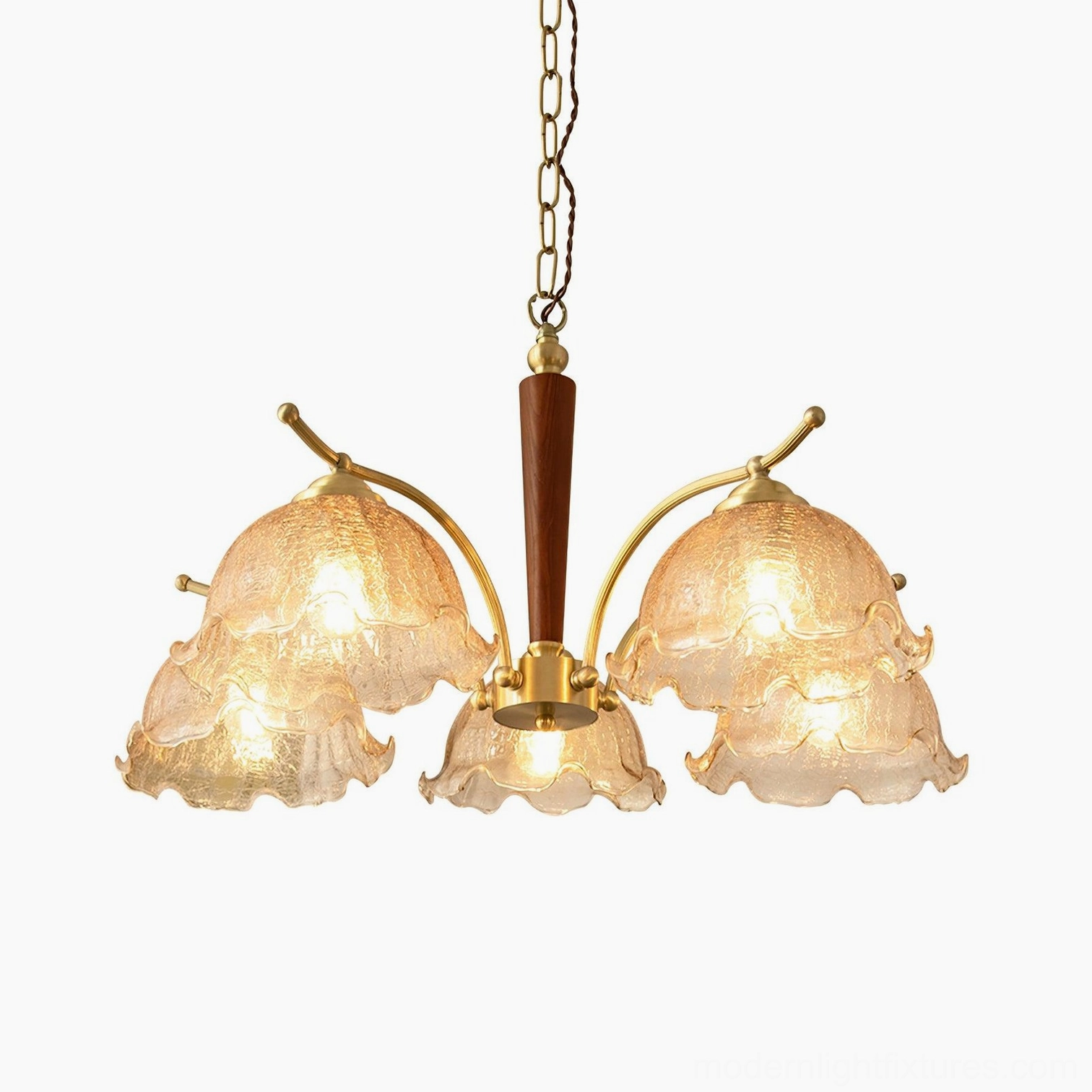 Front direct view of 5-head vintage Murano glass chandelier with brass-wood structure and ruffled cognac shades