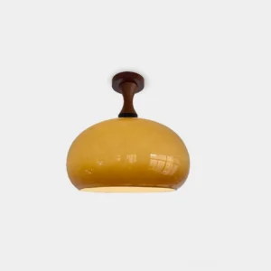 Vintage Murano amber glass semi-flush ceiling light fixture with walnut wood mounting, direct front view against white background