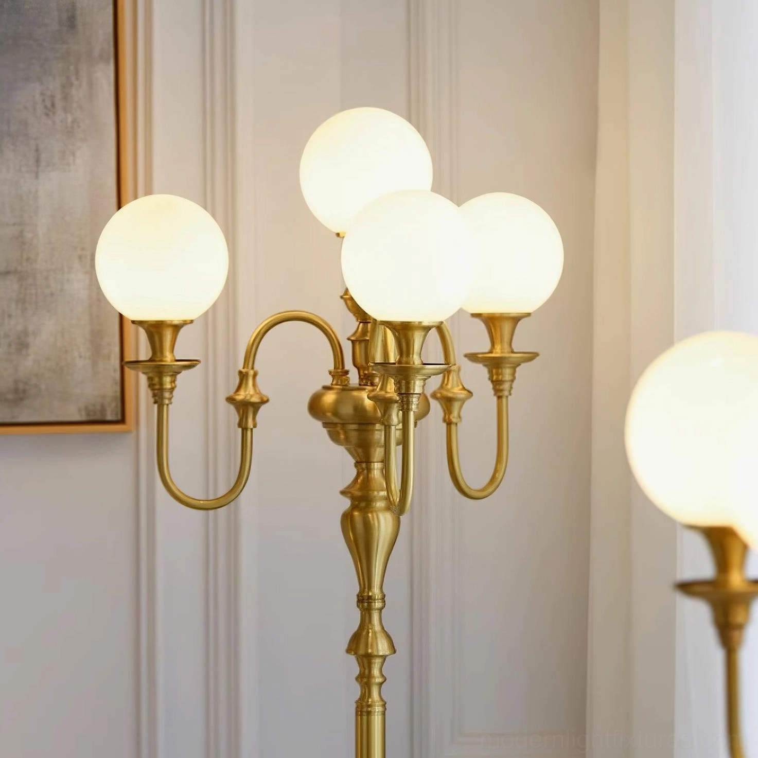Vintage neoclassical brass candelabra floor lamp in elegant home interior, timeless design with classical aesthetic