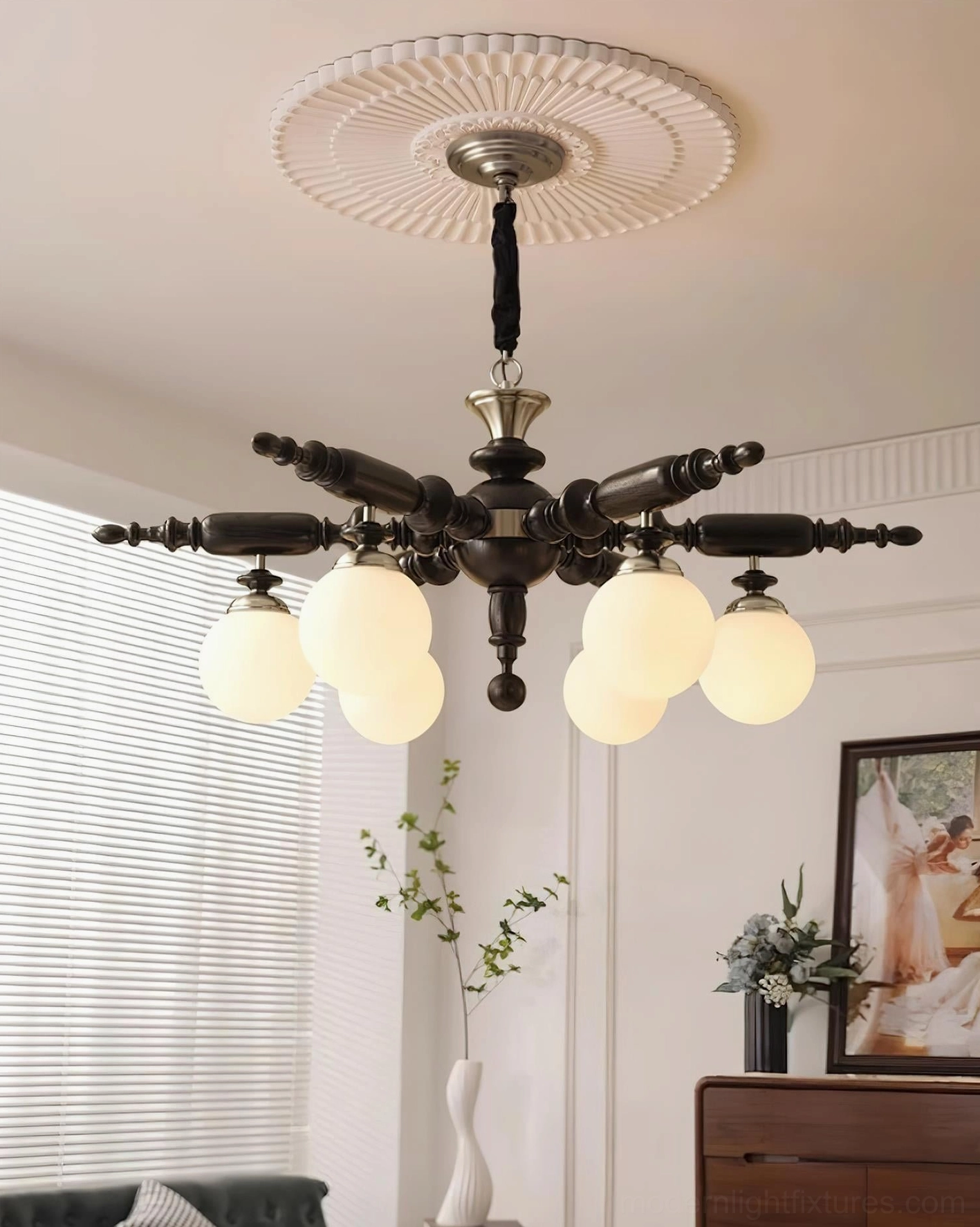 Blackish-brown Olina chandelier overhead installation view in American retro interior