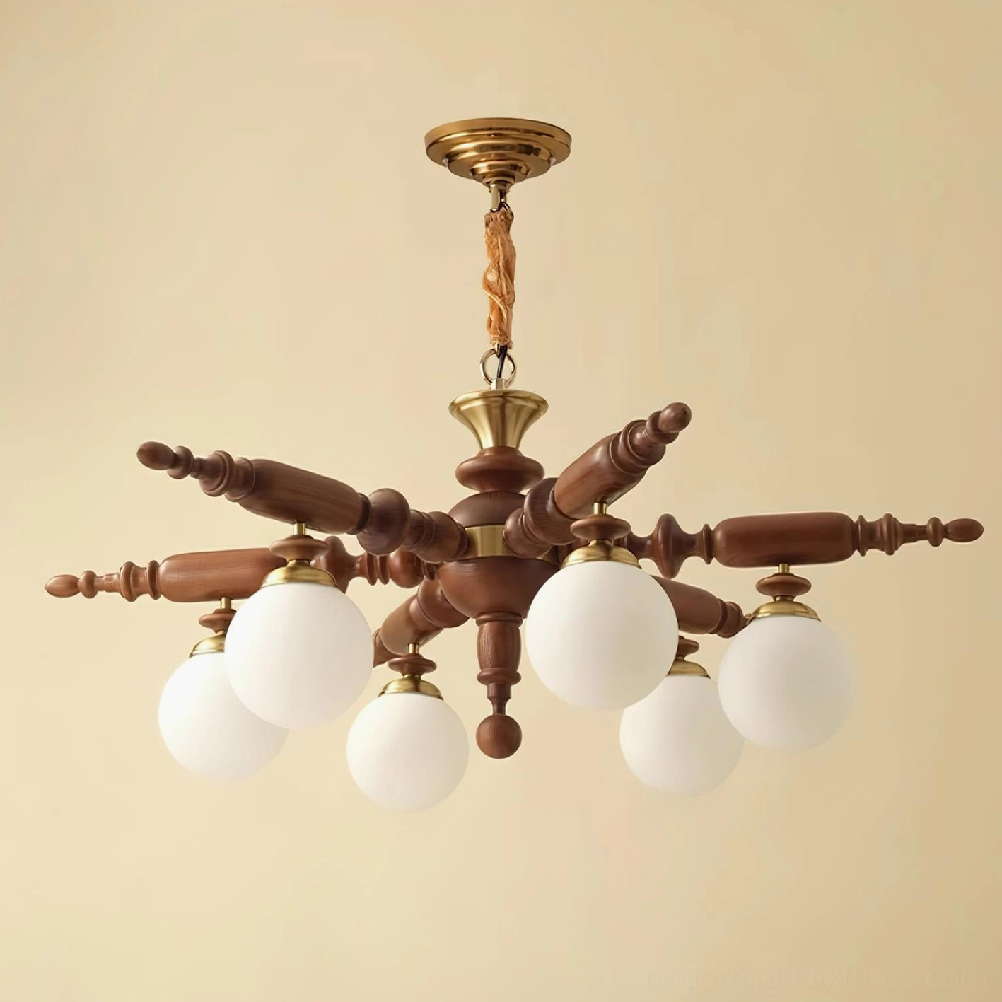 Vintage Olina chandelier brass and wood construction detail photograph