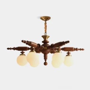 Vintage Olina wooden chandelier with brass hardware and frosted glass shades - studio product photography