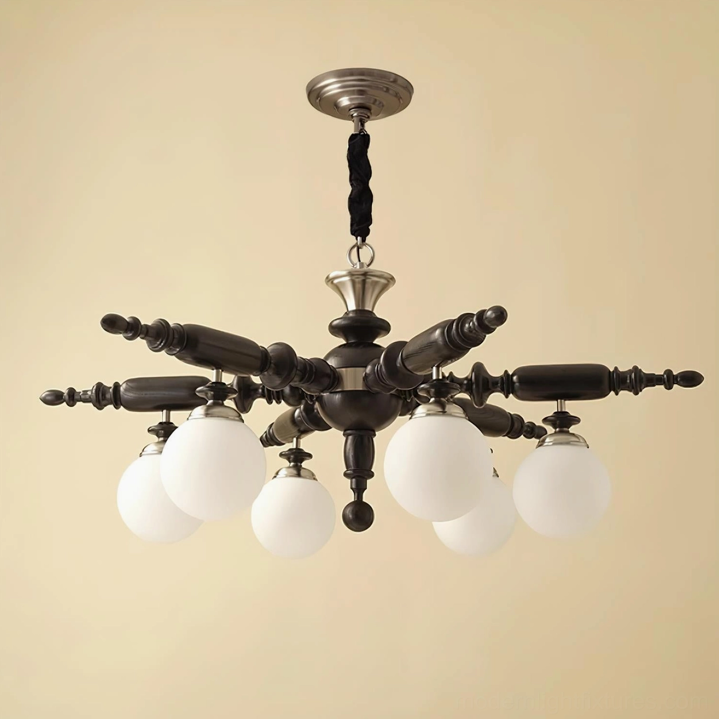 Frosted glass shade and brass fixture detail of Olina vintage chandelier