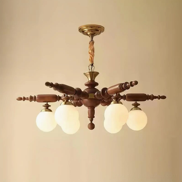 Six-head Olina chandelier gold and walnut wood finish elegant design