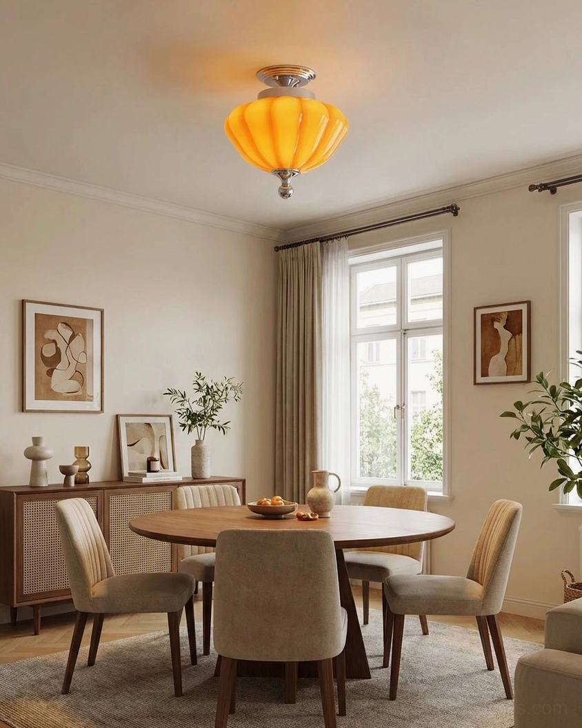 Cozy residential dining space with warm vintage orange glass semi-flush light fixture overhead ambient lighting