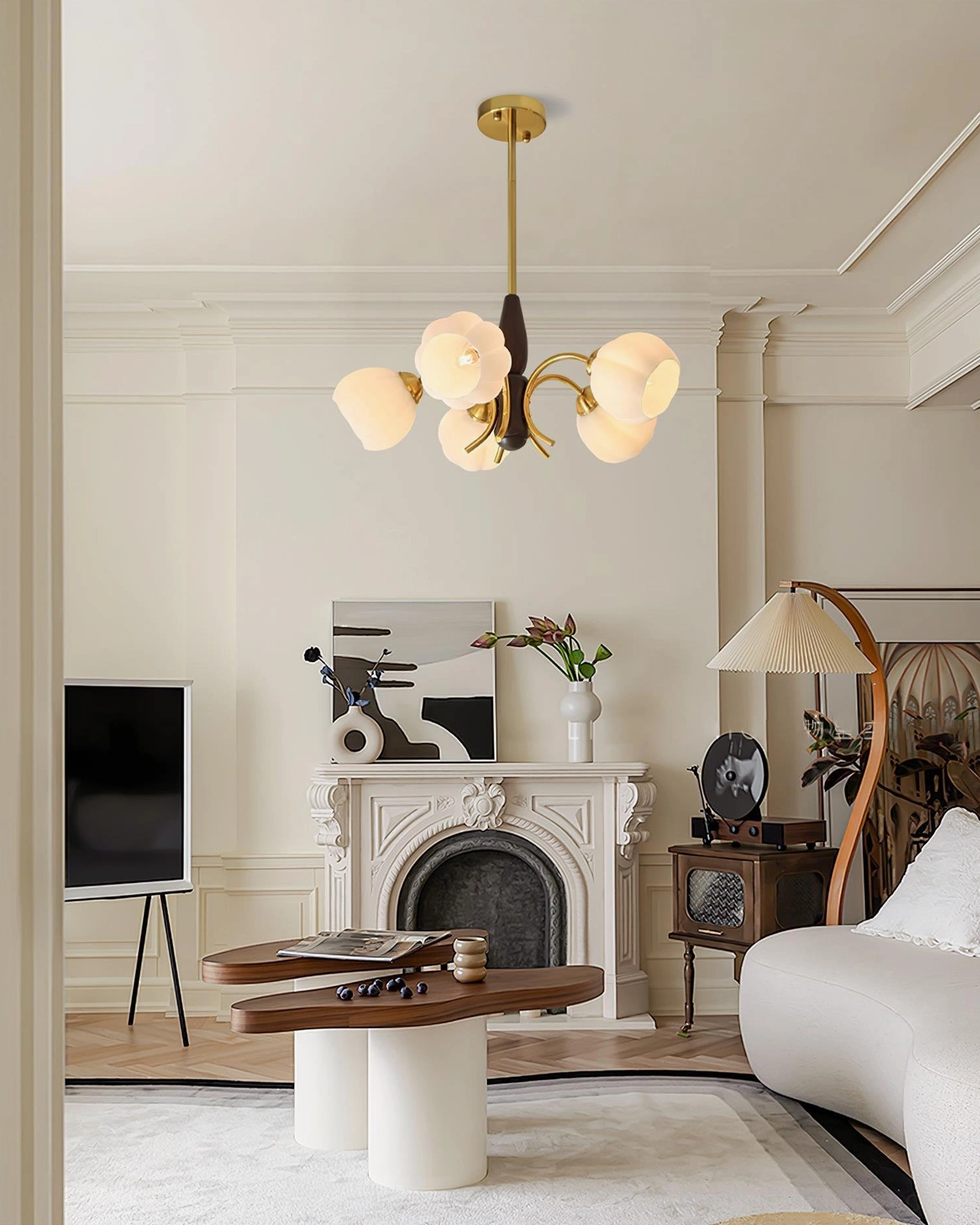 Vintage Orillia chandelier side view in classic French living room setting with fireplace and period furnishings