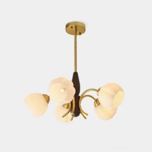 Vintage Orillia five-light frosted glass flower chandelier with brass metalwork and dark wood center pole, direct front studio view