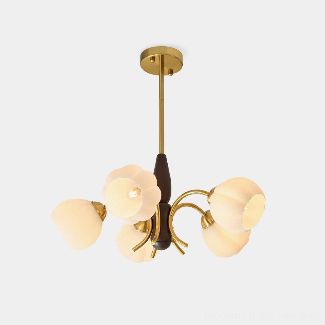 Vintage Orillia five-light frosted glass flower chandelier with brass metalwork and dark wood center pole, direct front studio view