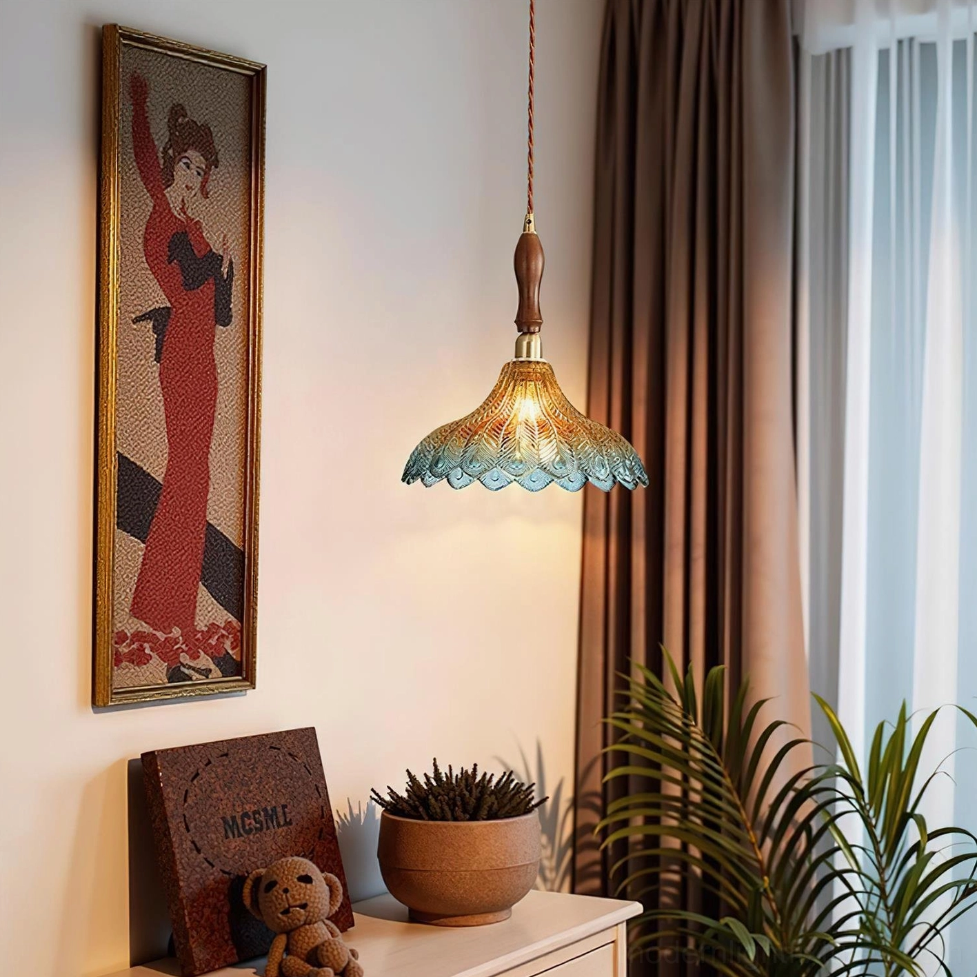 Vintage peacock glass pendant light fixture with scalloped shade design in mid-century modern style