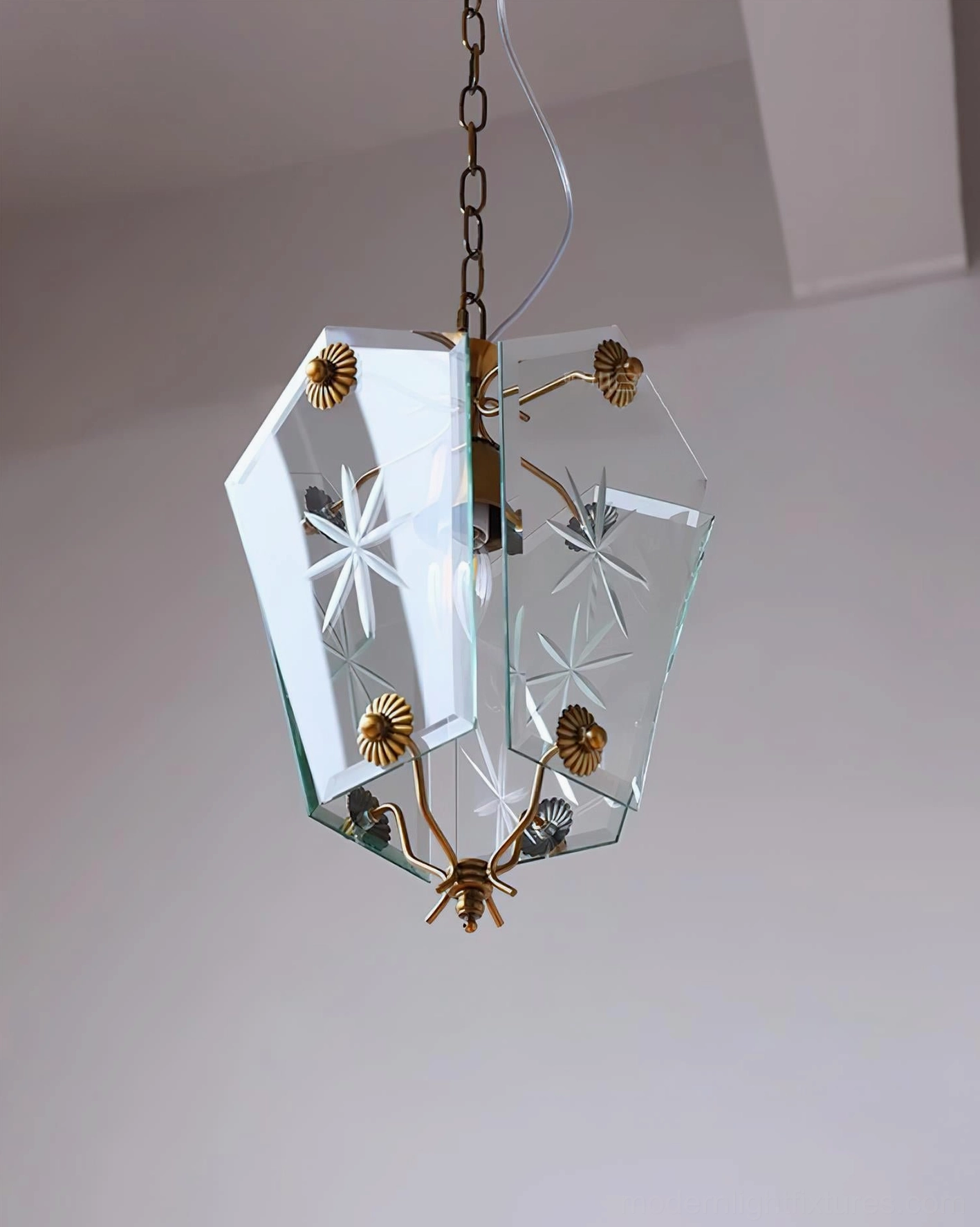 Close-up vintage glass pendant shade star-etched pattern beveled glass facets lighting