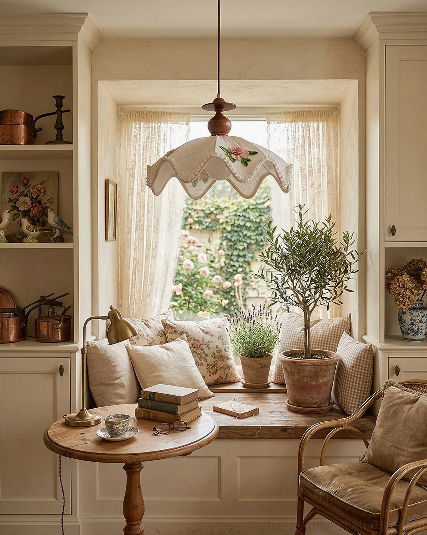 Vintage fabric pendant light hanging in cozy window-side dining nook with wooden console
