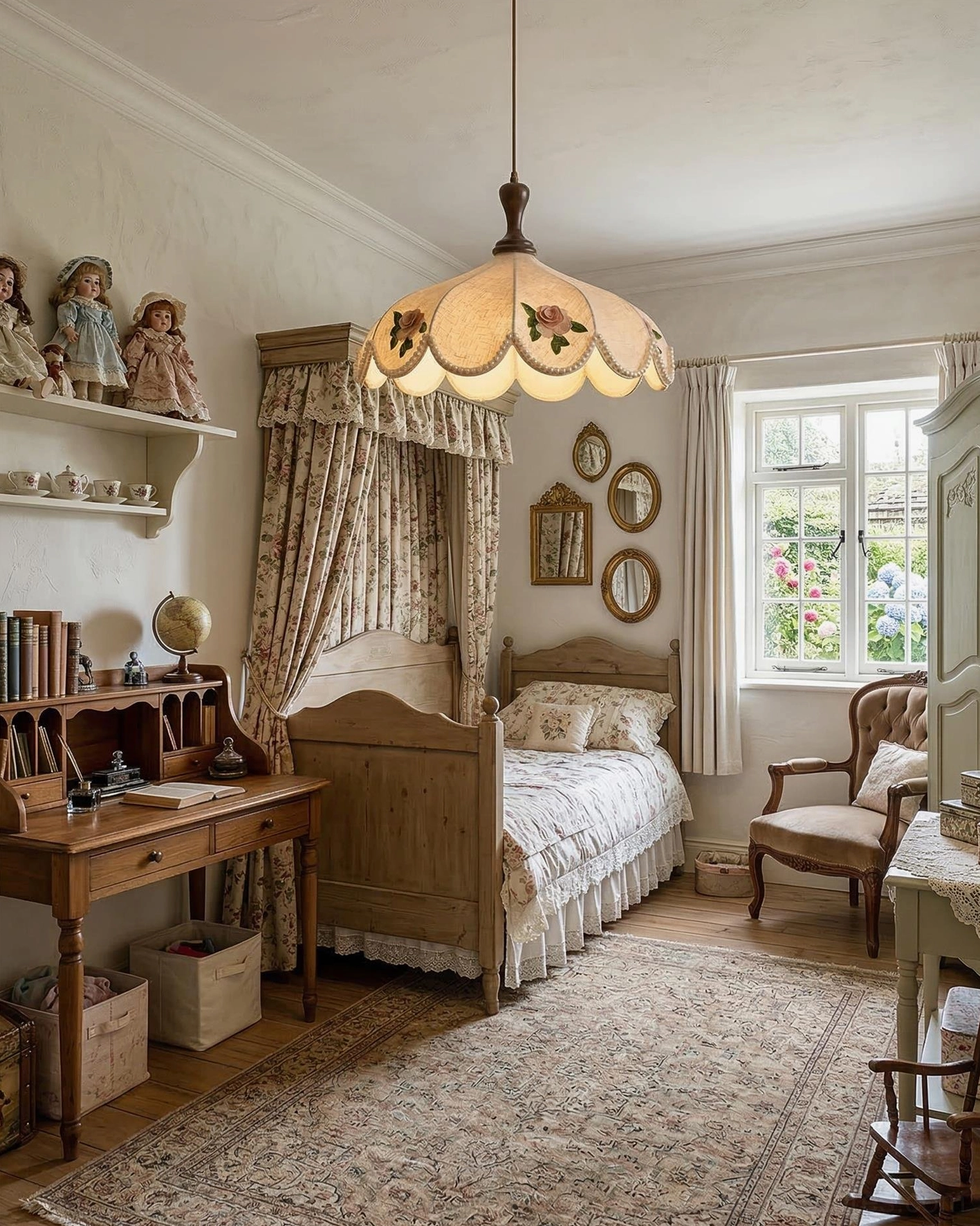 Cream scalloped pendant light providing warm ambient lighting in French country bedroom with rustic cottage décor