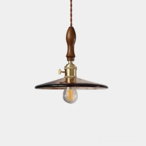 Vintage pendant light with amber glass shade, polished brass hardware, and wooden handle - front studio view
