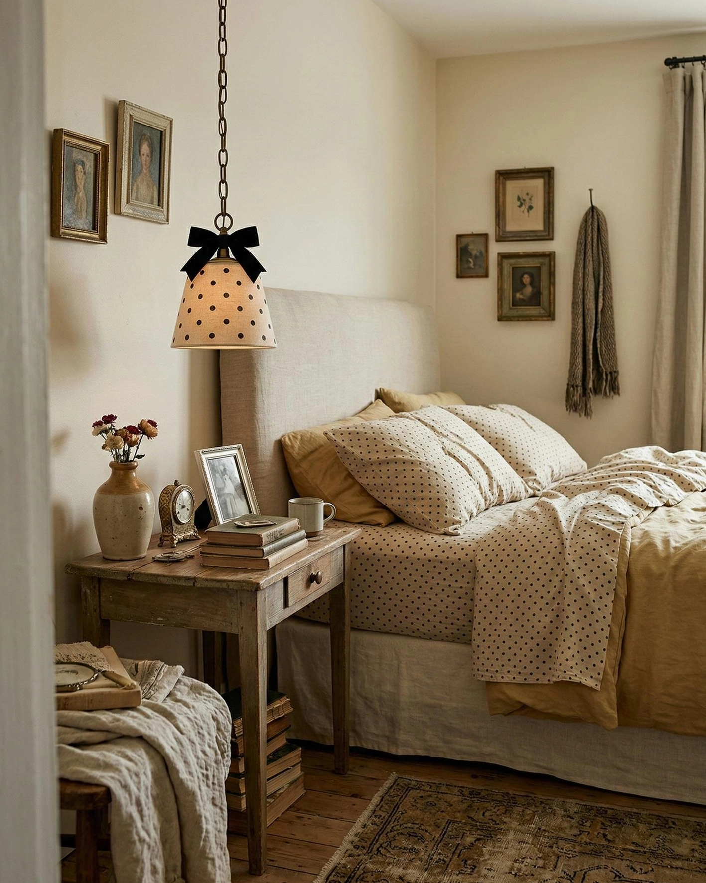 Polka dot pendant light hanging above bedside nightstand in cozy vintage bedroom interior, warm ambient lighting