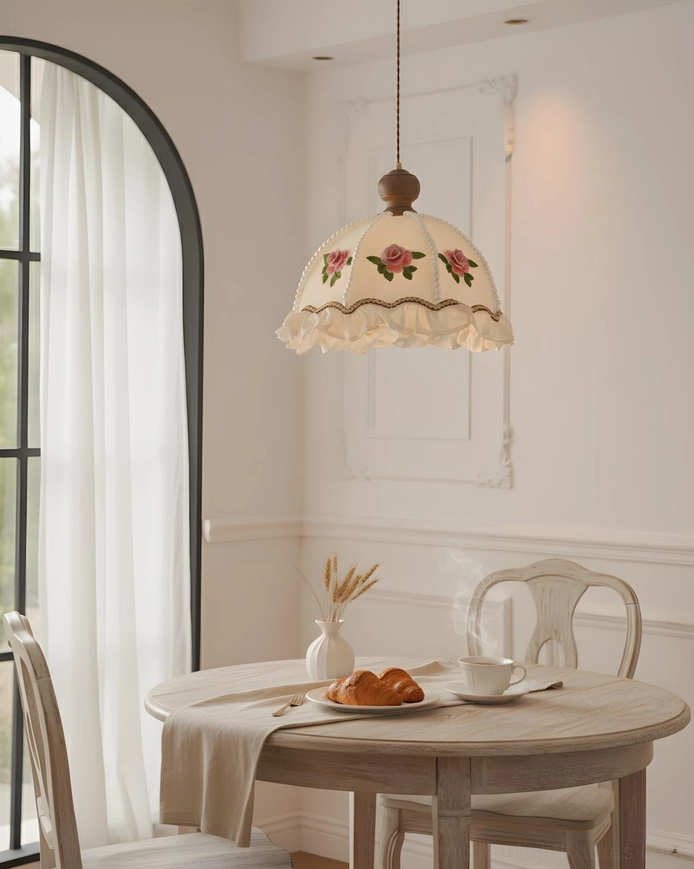 Frillia pendant lamp color options showing pink and white, walnut and white, and pure white finishes