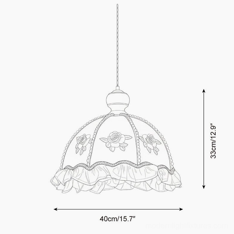Frillia pendant lamp technical schematic showing 40cm diameter and 33cm height with ruffled edge design