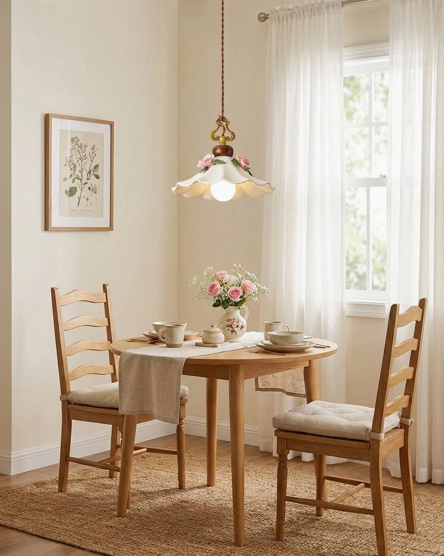 Minimalist vintage entryway with Bellarose pendant light hanging above small wooden console table