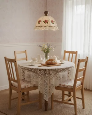 Vintage pendant lamp with embroidered rose design suspended above formal dining room table with lace setting