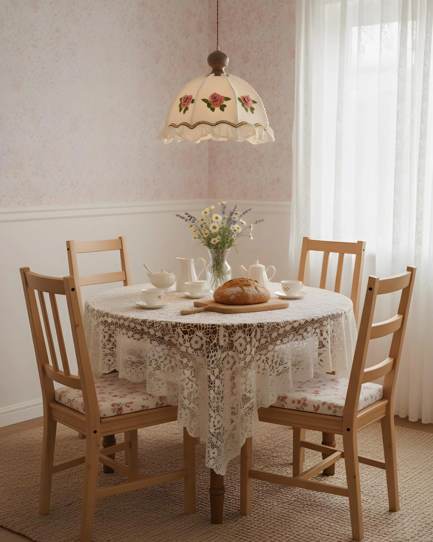Vintage pendant lamp with embroidered rose design suspended above formal dining room table with lace setting