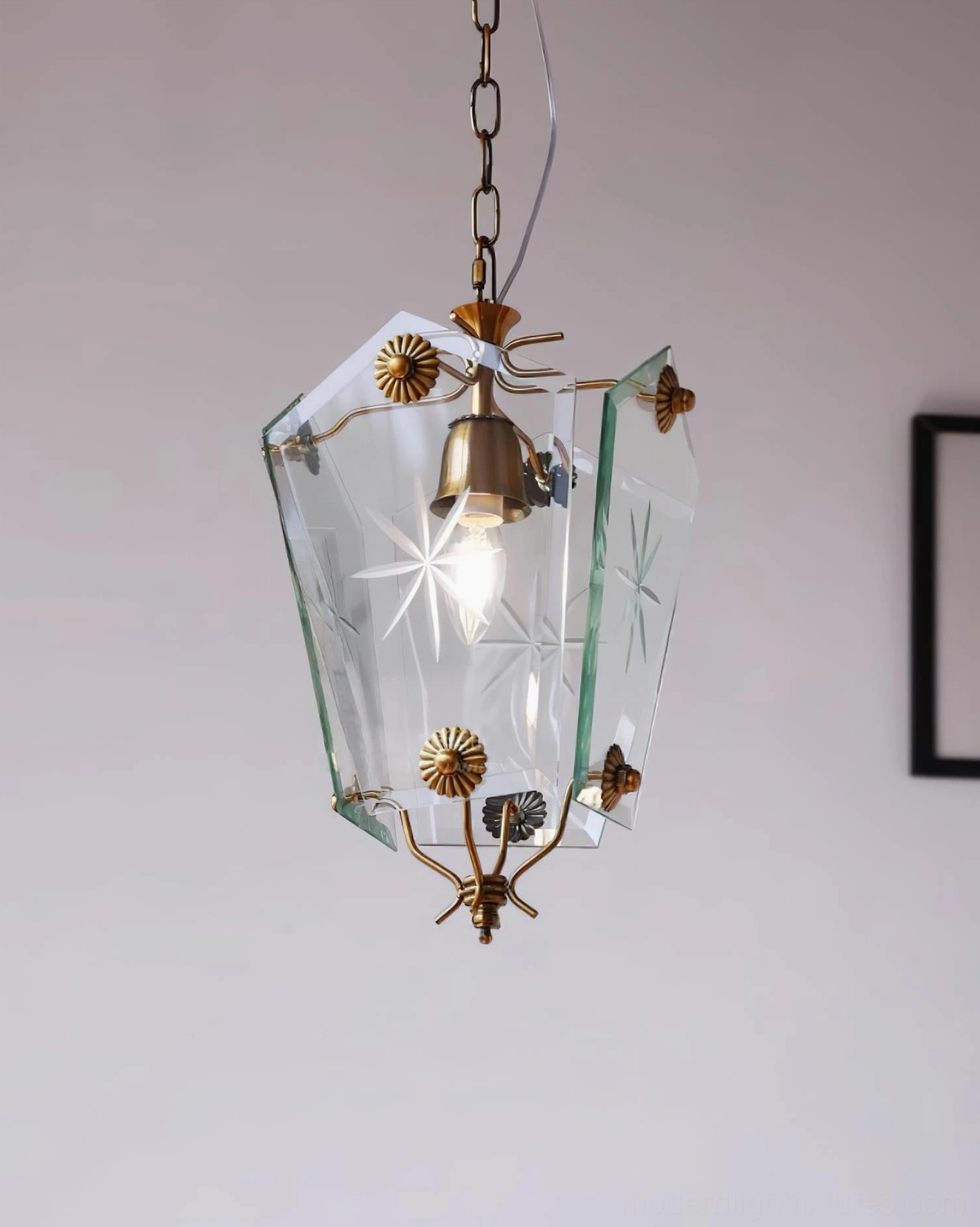 Illuminated vintage star-etched glass pendant light brass hardware interior ceiling fixture