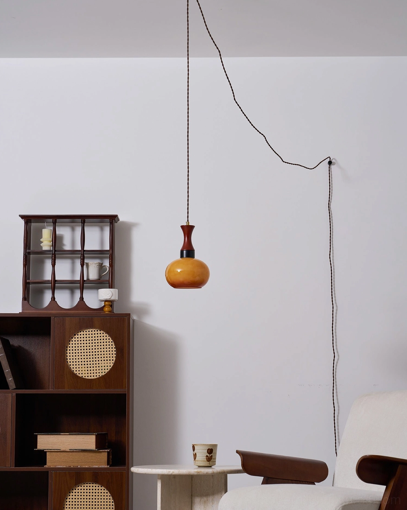Chara vintage pendant light with wood cap and antique brown glass shade detail