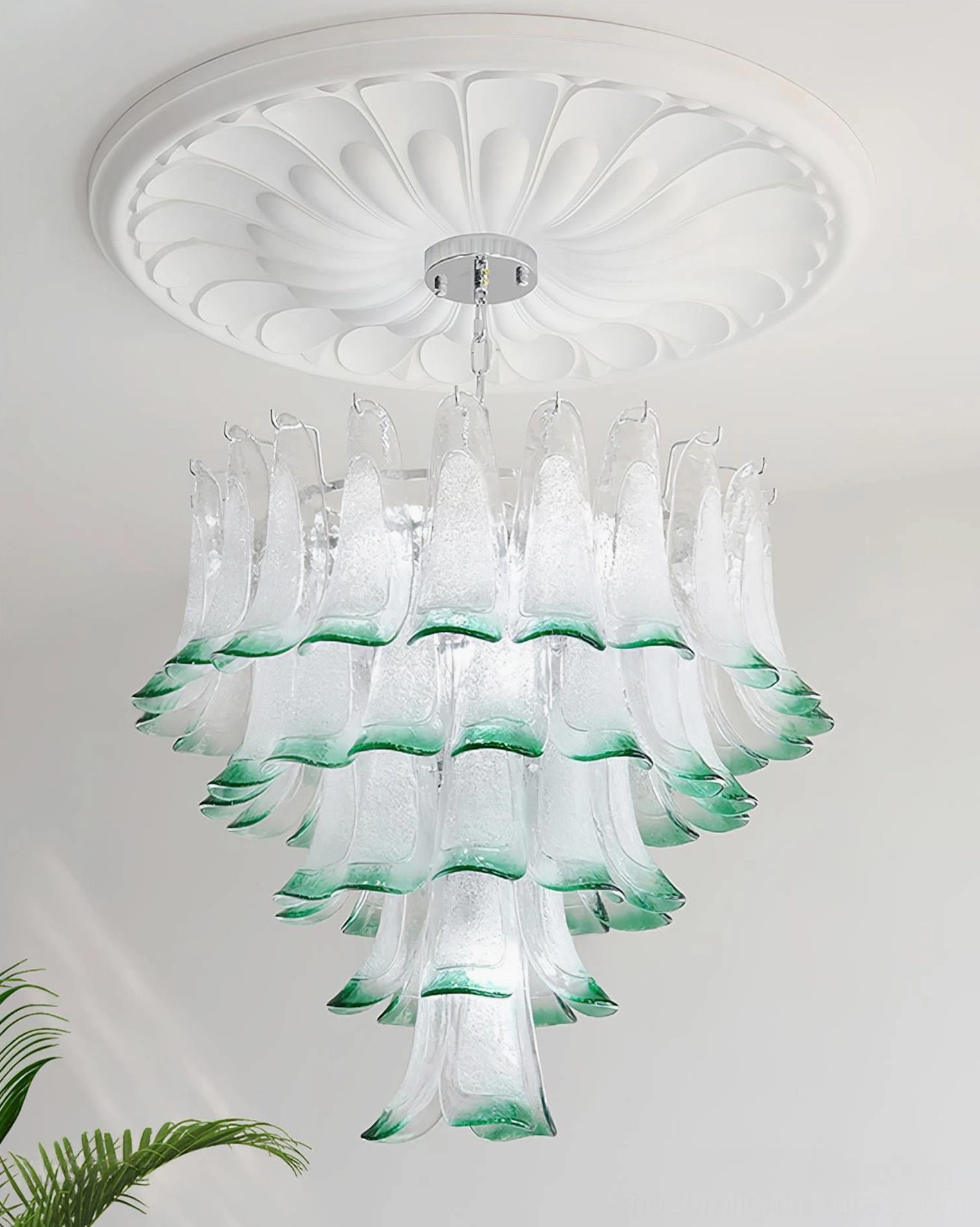 Ombre white-to-green glass petal chandelier mounted on decorative ceiling medallion in residential interior