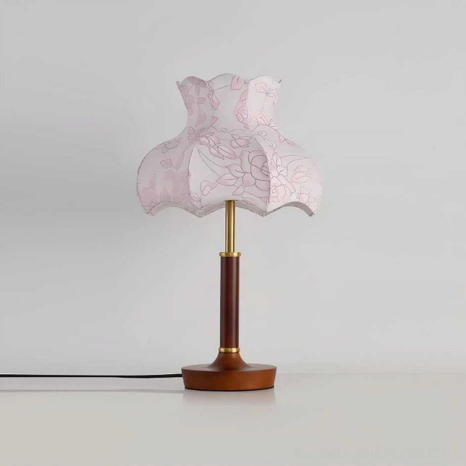 Vintage pink floral table lamp with scalloped shade and walnut wood base, romantic retro aesthetic