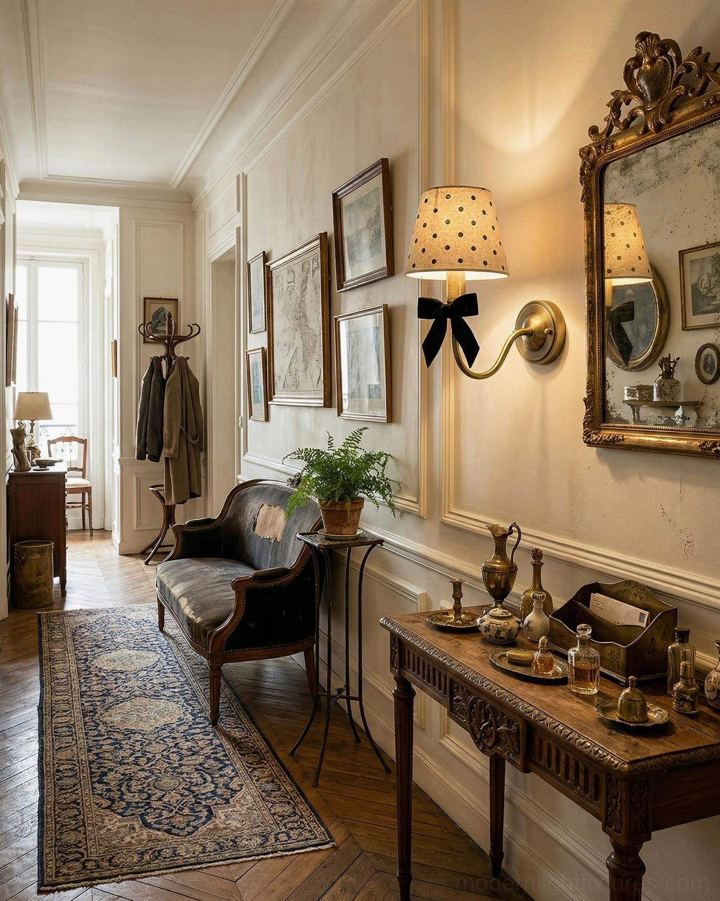 Polka dot wall sconce in vintage home hallway corridor, wide indoor view showing ornate wall mirror, antique furniture, and patterned rug styling