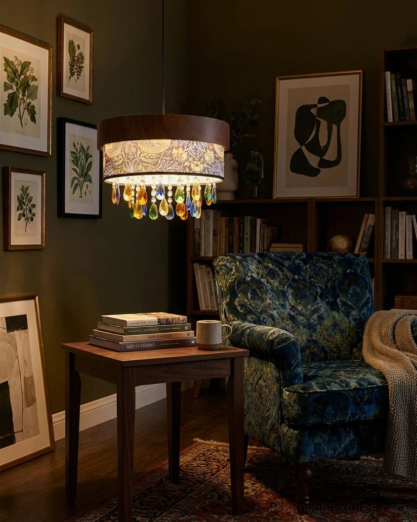Vintage eclectic living room with dark walls and botanical drum pendant providing decorative lighting
