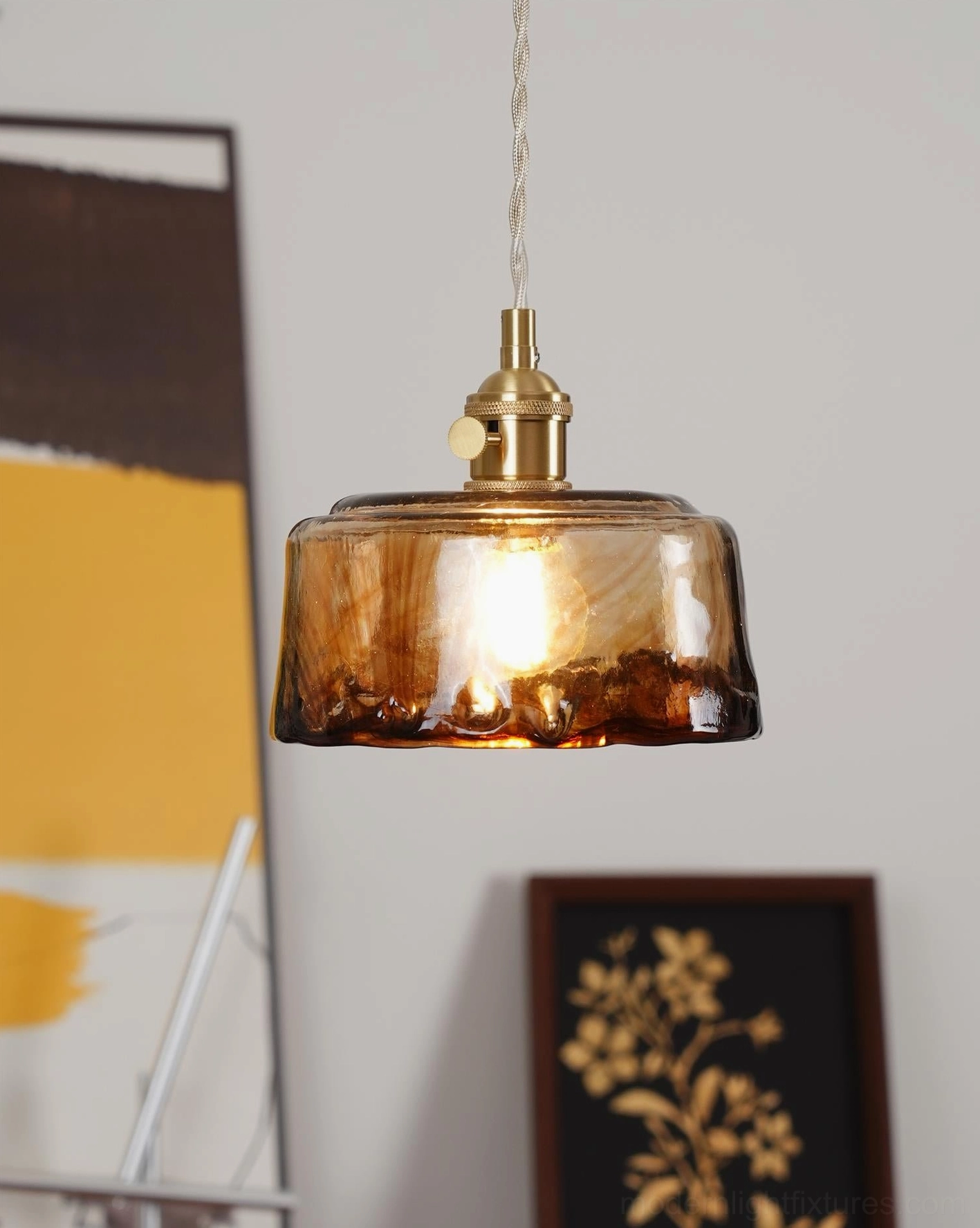Vintage retro amber glass pendant - rippled texture hanging light