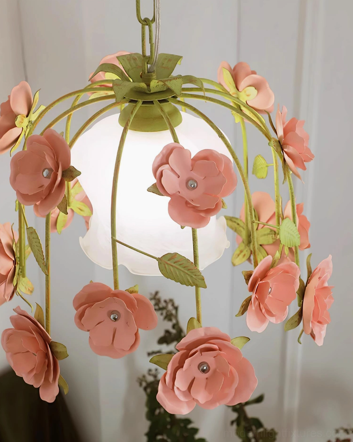 Vintage romantic rose pendant light with gem-studded blooms, French provincial inspired design, complete product lifestyle photograph