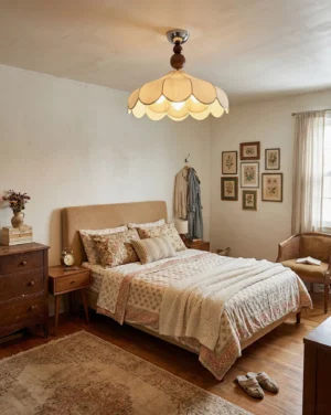 Vintage scalloped ceiling light fixture installed in cozy master bedroom with warm mid-century modern decor
