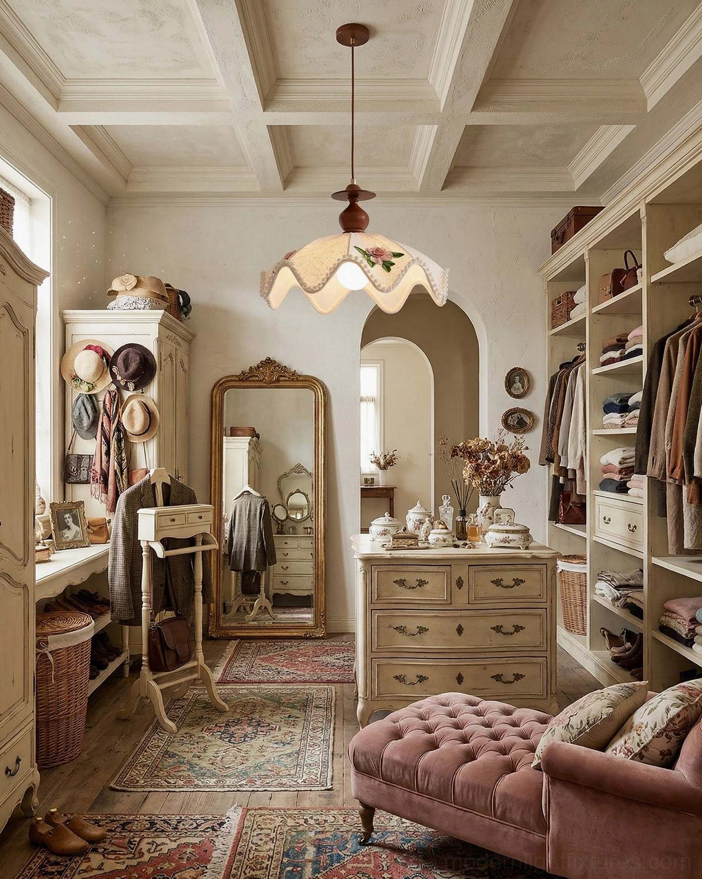 Vintage fabric pendant light hanging in classic dressing room with warm neutral aesthetic