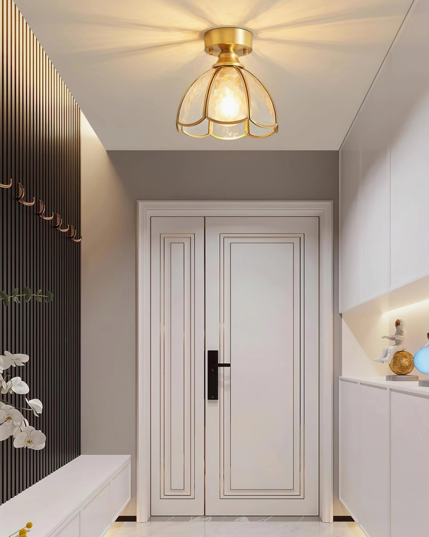Vintage stained glass ceiling fixture in contemporary minimalist interior